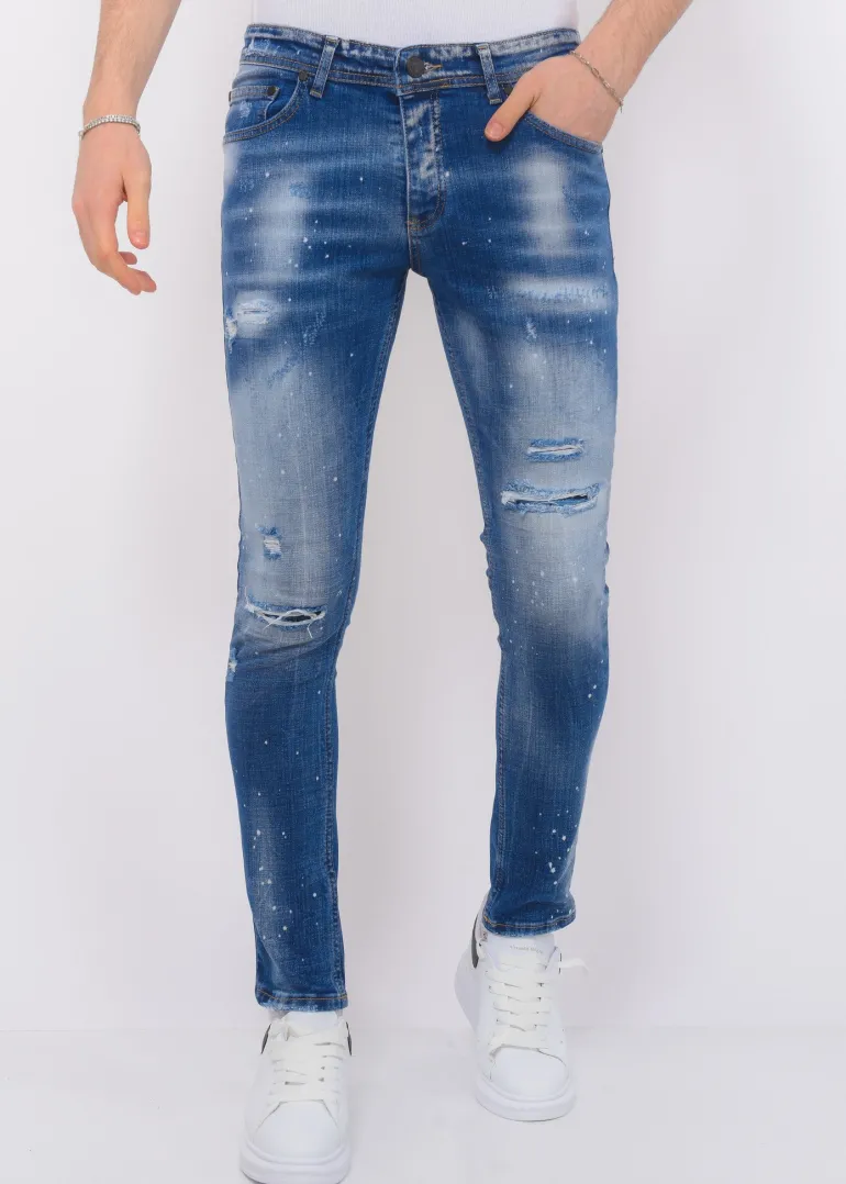 Blue Ripped Jeans Heren - Slim Fit -1080- Blauw