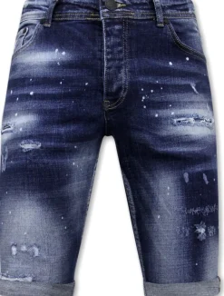 Designer Shorts With Paint Splatter - Slim Fit -1072- Blauw
