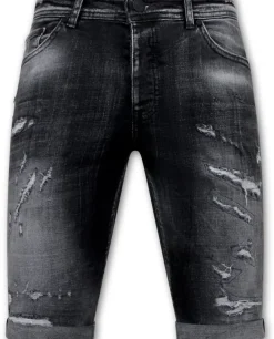 Destroyed Shorts with Paint Splatter - Slim Fit -1086- Zwart