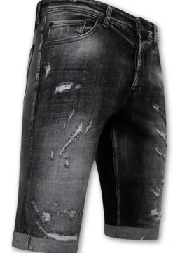 Destroyed Shorts with Paint Splatter - Slim Fit -1086- Zwart