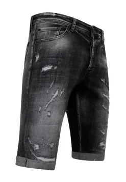 Destroyed Shorts with Paint Splatter - Slim Fit -1086- Zwart