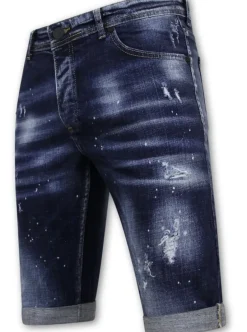 Men's Paint Splatter Stonewashed Short - Slim Fit -1077- Blauw