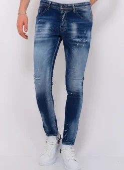 Paint Splash Ripped Jeans Heren - Slim Fit -1071- Blauw