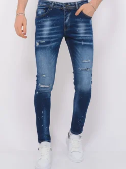 Paint Splatter Ripped Jeans Heren - Slim Fit -1075- Blauw