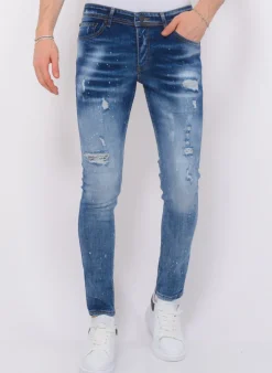 Paint Splatter Ripped Jeans Mens - Slim Fit -1079- Blauw