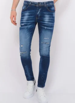 Paint Splatter Ripped Jeans Heren - Slim Fit -1075- Blauw