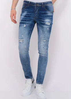 Paint Splatter Ripped Jeans Mens - Slim Fit -1079- Blauw