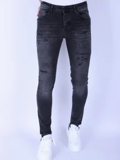 Stonewashed & Ripped Heren Jeans - Slim Fit -1104- Zwart