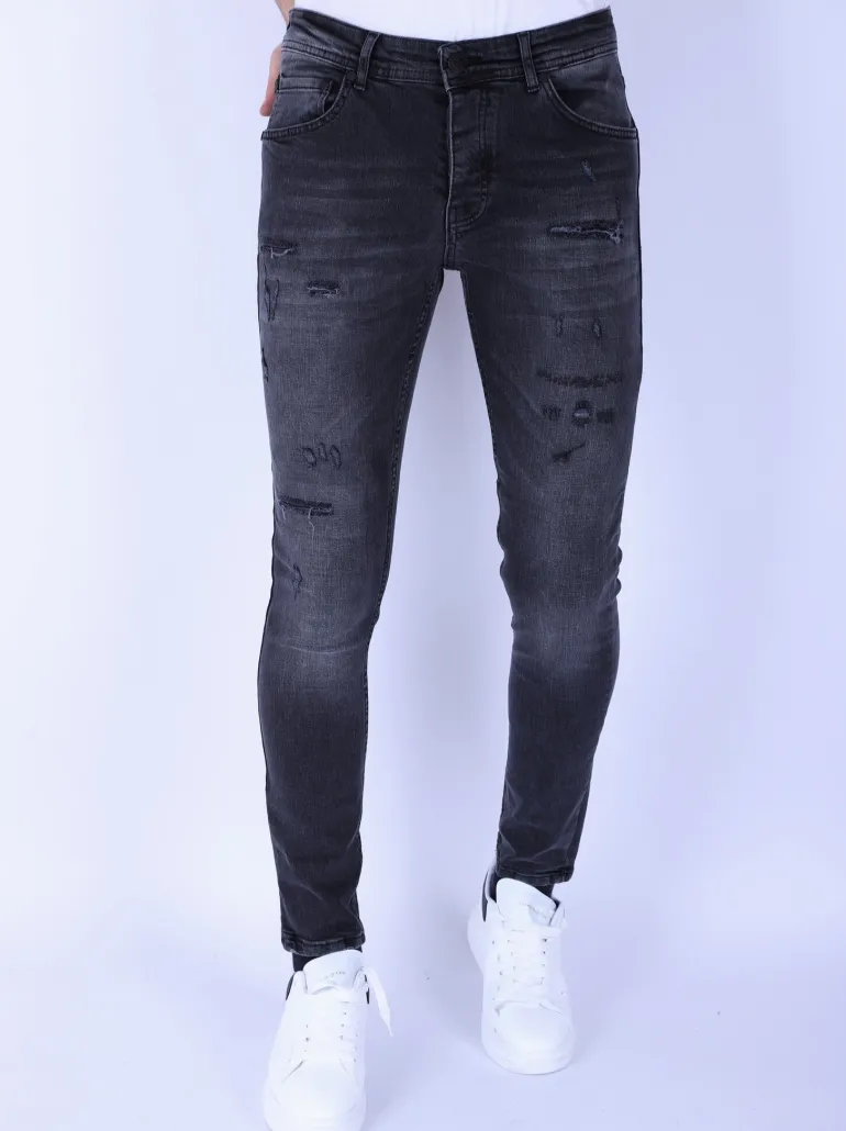 Stonewashed & Ripped Heren Jeans - Slim Fit -1104- Zwart