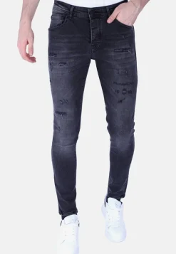 Stonewashed & Ripped Heren Jeans - Slim Fit -1104- Zwart