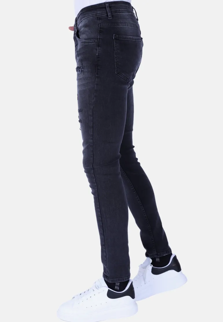 Stonewashed & Ripped Heren Jeans - Slim Fit -1104- Zwart