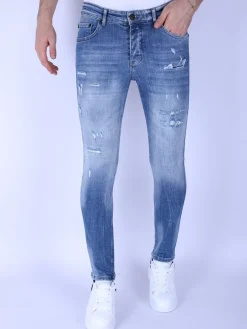 Stonewashed Ripped Jeans Heren - Slim Fit -1098- Blauw