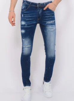 Stretch Denim with Paint Heren - Slim Fit -1074- Blauw