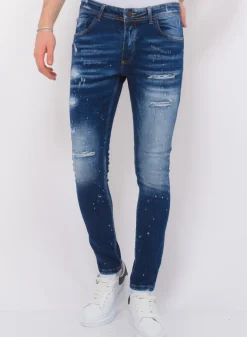 Stretch Denim with Paint Heren - Slim Fit -1074- Blauw