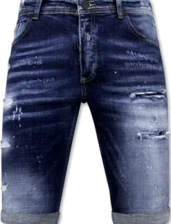 Stretch Short with Paint Splash - Slim Fit -1074- Blauw