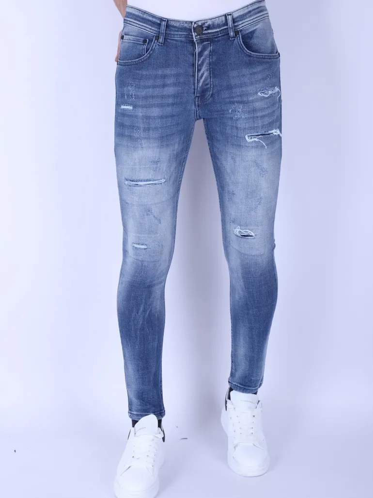 Washed Torn Jeans Heren - Slim Fit -1095- Blauw